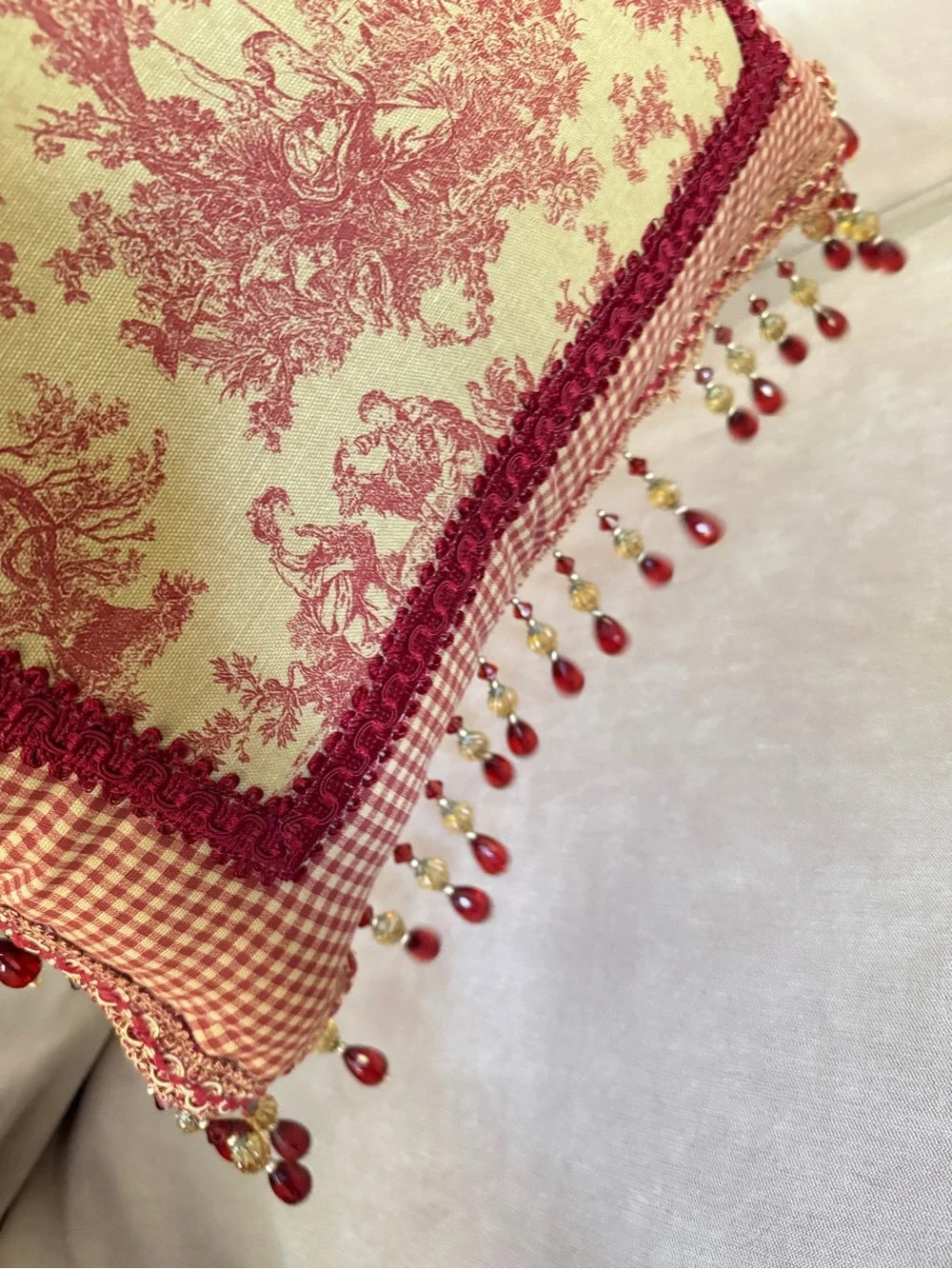 French Country Cottage Red Ivory English Toile Check Tassels Beaded Foam Pillow